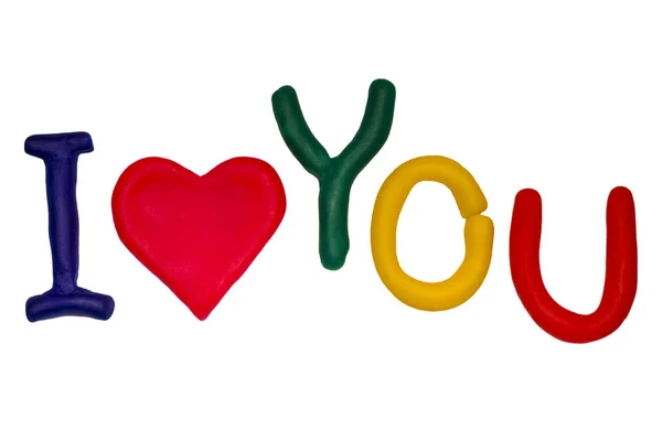 Palavra de amor em estilo cartoon feito de plasticina multicolorida. Fundo isolado. Dia de São Valentim. Conceito para projeto . — Fotografia de Stock