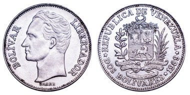 Venezuela parası 1989 'da bir bolier, Simon Bolivar kafası, gümüş. Tasarım kavramı. Para birimi devalüasyonu.