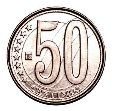 Venezuela parası 50 sent, gümüş. Para biriminin devalüasyonu. Tasarım kavramı. İzole edilmiş arkaplan.