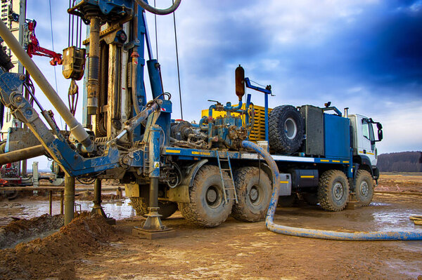 Drilling rig. Drilling deep wells. Industry Mineral exploration. Belarus. Salihorsk 2020