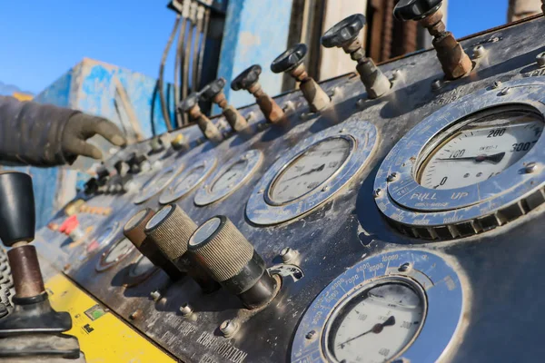 Drilling rig. Drilling deep wells. Drilling rig control panel. Sophisticated technological equipment. Mineral exploration. The device of wells for freezing soil.