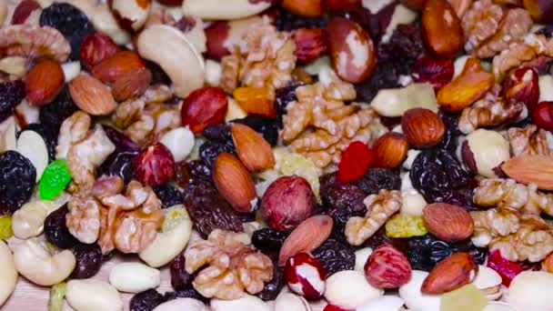 Ořechy Mandle Lískové Ořechy Kešu Sušené Ovoce Zdravé Potraviny Bohaté — Stock video