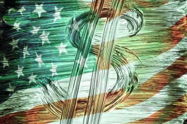 Amerikan bayrağının arka planında Amerikan para biriminin sembolü. Fırçayla elle boyanmış dolar sembolü. İş ve siyaset için tasarım kavramı.