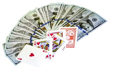 Dolar banknotlarının arka planında poker kombinasyonları