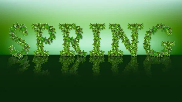 Inscrição Spring Das Folhas Jovens Macieira Repressão Fundo Verde Brilhante — Fotografia de Stock