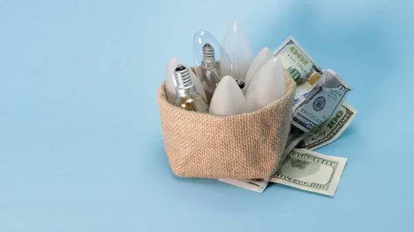Light bulbs in a canvas bag with dollars. Bright blue background. The concept of energy conservation and environmental protection.