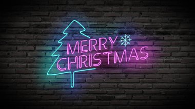 Mutlu Noeller, parlak neon lambaları siyah tuğla duvarda parlıyor. Parti dekorasyonu için Mutlu Noeller ve Noel ağacı yazılı renkli tabela.