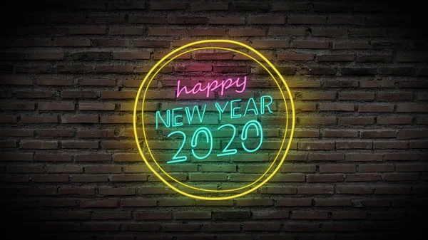 Happy new year shiny neon lamps sign glow on black brick wall. colorful sign board with colorful glowing text Happy new year 2020 in circle for party decoration