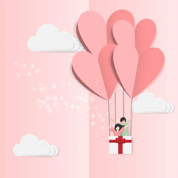 Vector del amor y feliz día de San Valentín. origami elementos de diseño corte de papel hecho de globo aerostático volando con pareja de amor dentro de la cesta y el corazón flotan en el cielo. arte de papel y estilo artesanal digital . — Archivo Imágenes Vectoriales