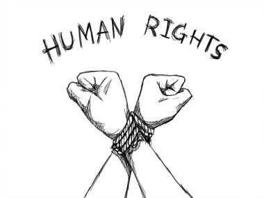 Human Rights Day concept. illustrator sketching of human hands were tied with a rope with text human rights  clipart