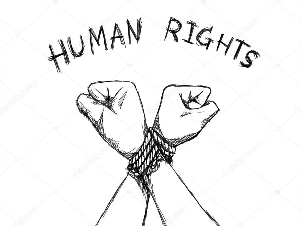 Human Rights Day concept. illustrator sketching of human hands were tied with a rope with text human rights 