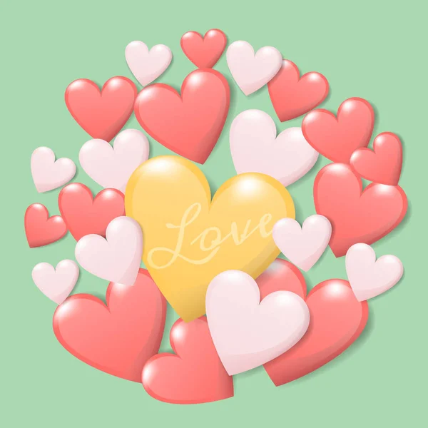 Gelukkig Valentijnsdag concept. groep van kleurrijke hart met tekst liefde isoleren op groene achtergrond. creatieve vector wenskaart ontwerp — Stockvector