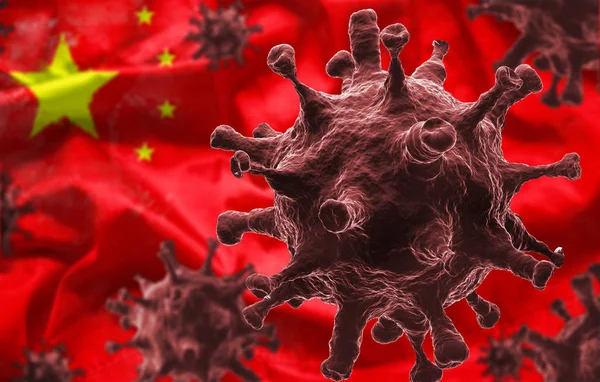 Komórki choroby koronawirusowej jako 3d renderowania z flagą Republiki Chińskiej w tle. w Wuhan (Chiny) wystąpiła epidemia nowatorskiego koronawirusu (2019-ncov) — Zdjęcie stockowe
