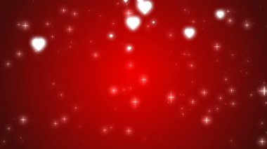 4K Sevgililer Günü geçmişi. Parlak kalp ve pırıltılı parıltı kırmızı arka planda hareket ediyor