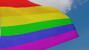 4 bin. Kumaş brandadan yapılmış Lgbt gökkuşağı bayrağı arka planda mavi gökyüzü ile esen rüzgarla dalgalanır. 3d oluşturma