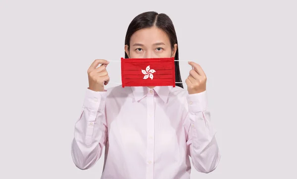 Asijská Žena Hygienickou Obličejovou Maskou Malování Hong Kong Vlajka Chránit — Stock fotografie