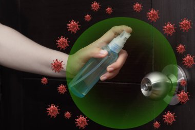 Dezenfekte, sterilize etme, hijyen bakımı. Kapı koluna alkol spreyi enjekte edin ve temizlik ve dezenfeksiyon için sık sık temas edilen bölge COVID-19 Coronavirus grafiği ile mikropların yayılmasını önler.