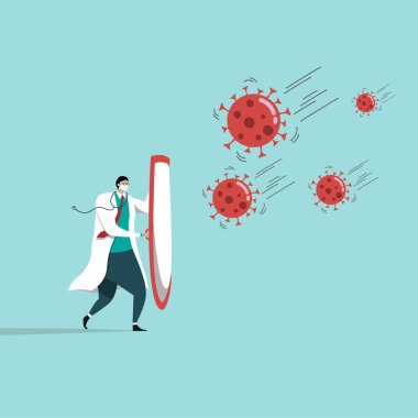 COVID-19 Coronavirüs salgınını durdurun. KOVID-19 Coronavirüs patojenlerinden korunmak için steteskoplu hijyenik maske takan doktor koruyucu kalkan tutuyor..