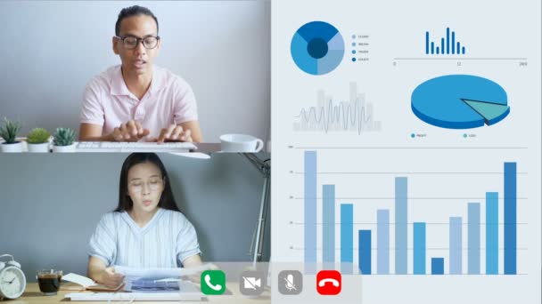 Tela Virtual Pessoas Fazendo Videoconferência Com Análise Gráfica Para Estratégia — Vídeo de Stock