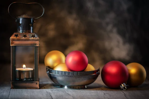 country style christmas still life with candle and decoration