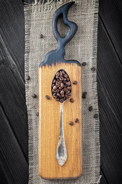 Coffee Beans Vintage Spoon Wooden Board Table — Stock Photo, Image