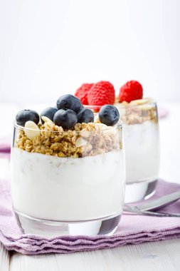 Fresh yogurt with muesli, rasberries and blueberries