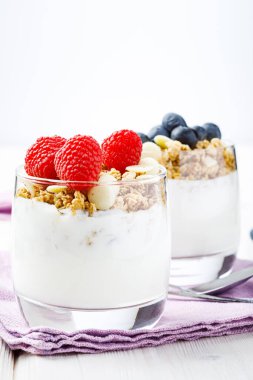 Fresh yogurt with muesli, rasberries and blueberries