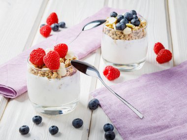 Fresh yogurt with muesli, rasberries and blueberries