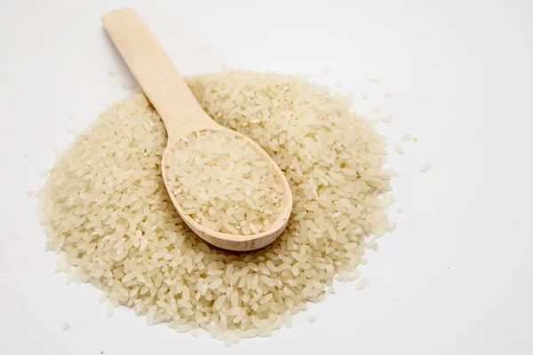 Arroz Blanco Con Una Cuchara Madera Sobre Una Pila Arroz — Foto de Stock