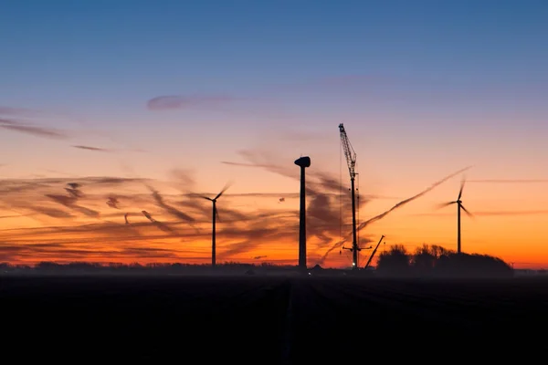 New windmill during construction at sunrise — Stock Photo, Image