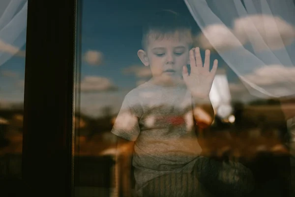 Stay Home Quarantine Prevention Coronavirus Pandemic Sad Child Sitting Windowsill — Stock Photo, Image