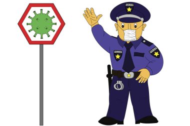 Korona virüslü tabelanın yanında duran bir polis memuru virüs koronasına karşı korunmak için yüzlerinde maske olan vatandaşlara bakıyor.