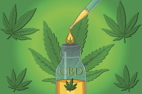 Ilustración Una Gota Aceite Cbd Una Botella Fondo Muestra Hojas —  Fotos de Stock