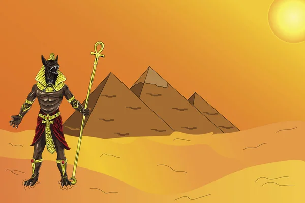 이집트 신아누비스가기 피라미드 앞에서 막대기를 — 스톡 벡터