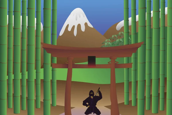 Bambu ormanında elinde bir katana ile oturan ninja savaşçısının tasviri arkasında karlı dağları görebilirsiniz.