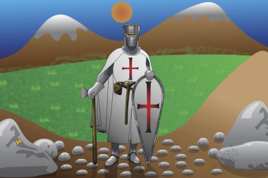 Knight Templar stands in nature with an ax behind him are mountains with snow on top vector