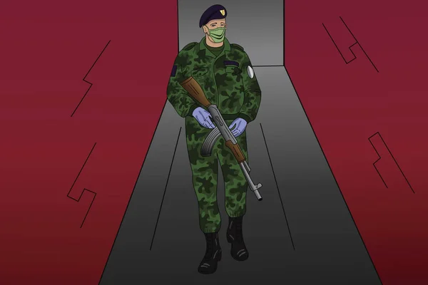 Illustration Eines Soldaten Mit Medizinischer Maske Auf Dem Gesicht Der — Stockvektor