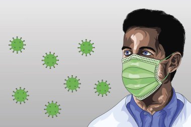 Kendini korona virüsünden korumak için yüzünde tıbbi maske olan bir doktorun resmi.
