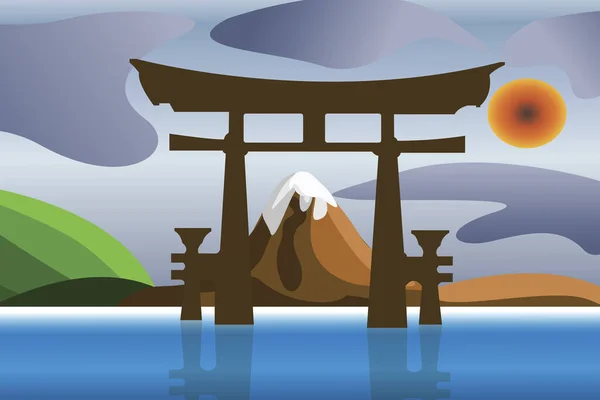 Arka planda Japon Torii Kapısı 'nın bir çizimi üstte karla kaplı bir dağı gösteriyor.