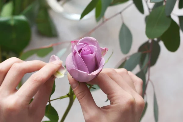 Florist at work. Girl preparing flowers for bouquet. Lilac rose in hands. Overhead view