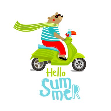Sevimli ayıcık vektör Illustration bir moped ve kuşlar 