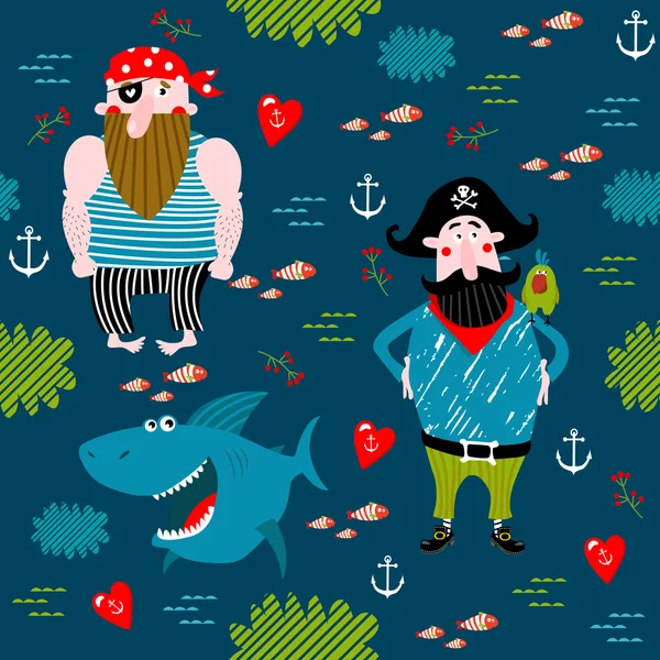 Vector seamless background with cartoon pirates, cacti, crabs, parrots, an anchor. It can be used for printing on fabric, for decoration of children's parties. — Stock Vector