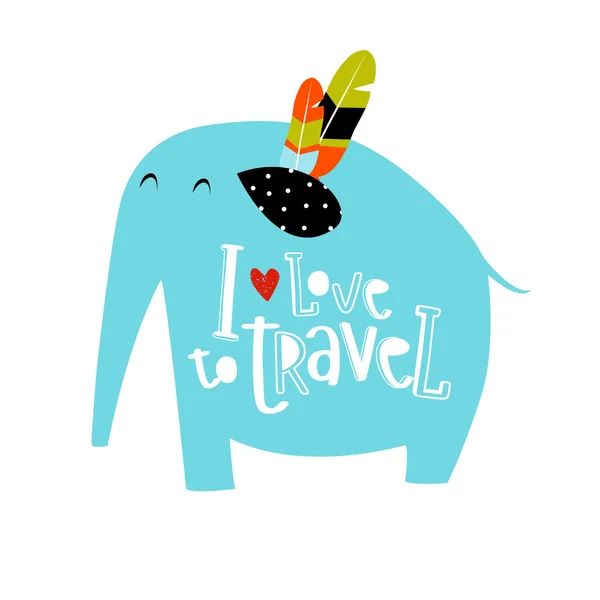 Vector illustration of a blue elephant and the words "I love to travel." Indian, India, the character. It can be used as a poster, postcard invitation. — Stock Vector