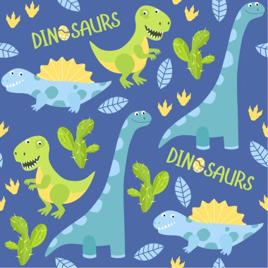 Vektör sorunsuz arka plan çizgi film dinozorlar ile. Parlak model, yaz, kaktüs