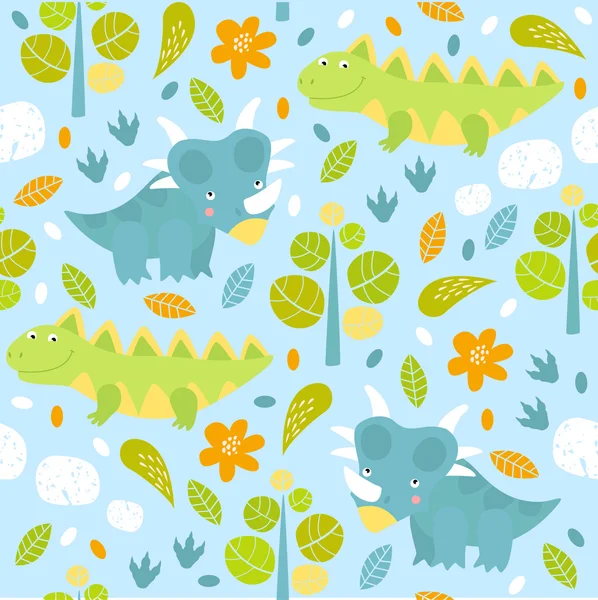 Fondo sin costuras vectorial con dinosaurios de dibujos animados. Brillante patrón de verano. Se puede utilizar para imprimir en tela para niños . — Vector de stock