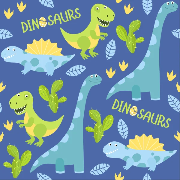 Fondo sin costuras vectorial con dinosaurios de dibujos animados. Patrón brillante, verano, cactus — Archivo Imágenes Vectoriales