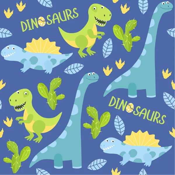 Fond sans couture vectoriel avec des dinosaures de dessin animé. Modèle lumineux, été, cactus — Image vectorielle