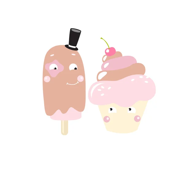 Vector illustration of a cute ice cream and Cake. It can be used as a greeting card, invitation to the feast. Summer, food, sweets. — Stock Vector