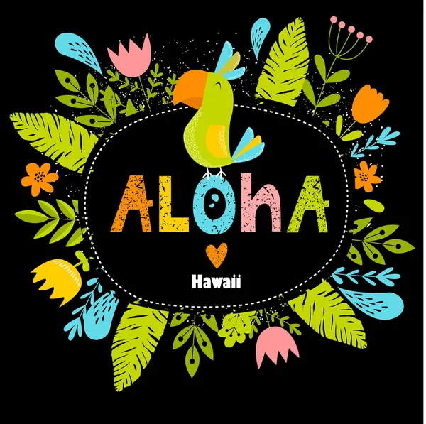 Vector helder lettertype illustratie met florale frame en papegaai "aloha". Frame, hawaii, zomer, kleurrijke. Het kan worden gebruikt als een poster, briefkaart uitnodiging. — Stockvector