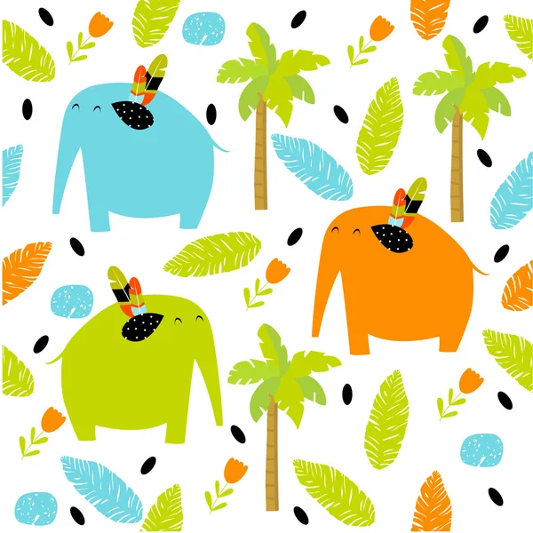 Vektor bezešvé pattern s barevné karikatura sloni, květiny, palmy, olistění. Jasný vícebarevný vzor. Safari, Afrika, indické džungle. — Stockový vektor